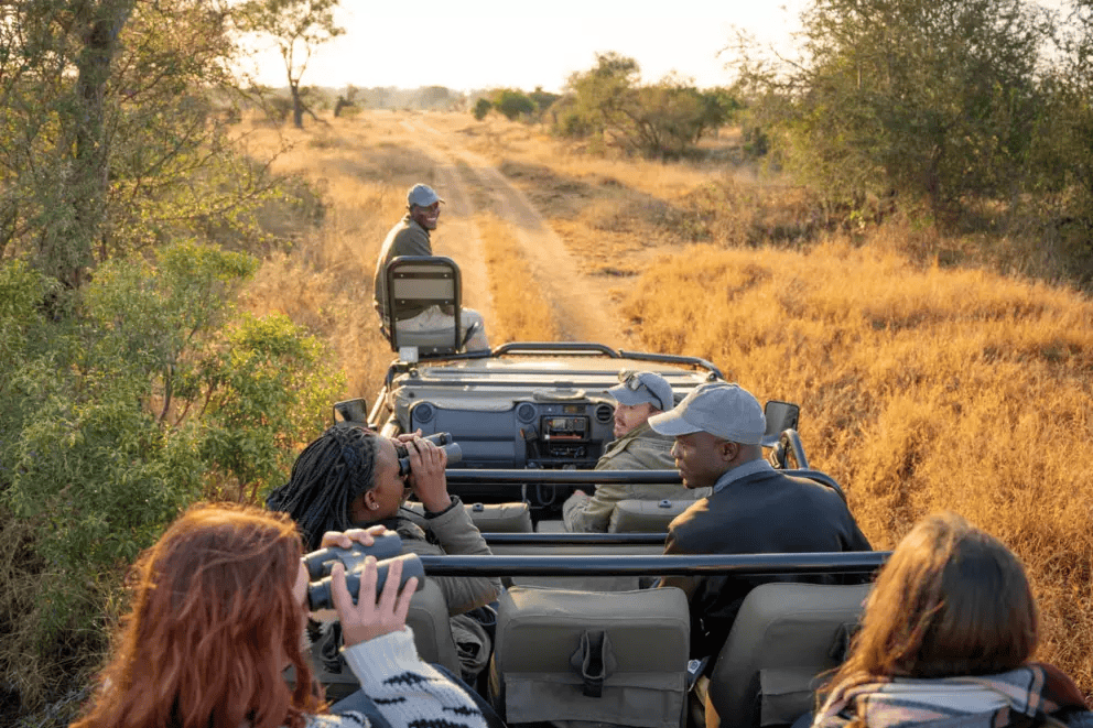 Tourists enjoying a safari ride in Pilanesberg National Park, South Africa.